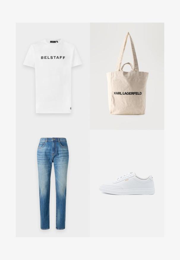 Witte katoenen t-shirt met een zwart 'BELSTAFF' logo op de voorkant. Klassieke ronde hals en korte mouwen met een klein logo detail op de zoom.; Lichtblauwe denim jeans met een rechte pijp, voorzien van een hoge taille, subtiele vervaging en klassieke vijf-pocket stijl. Metalen knoopsluiting.; Witte leren sneakers met een gladde textuur, ronde neus en tonale stiksels. Voorzien van blauwe veters en een gouden logo op de zijkant.; Beige canvas boodschappentas met lange en korte handvatten, met "KARL LAGERFELD" tekst in dikke zwarte letters gedrukt op de voorkant.