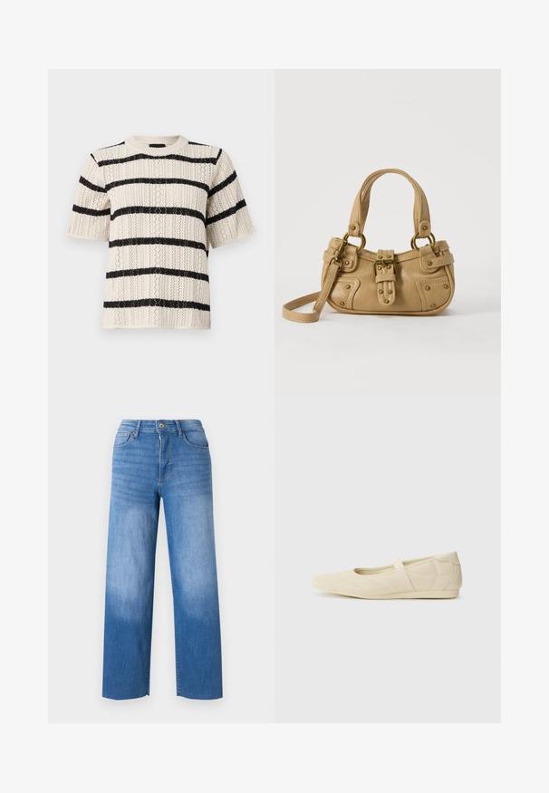 Strikket kortærmet sweater med en lys cremefarvet bund og sorte vandrette striber, strukturmønster og rund halsudskæring.; Lyseblå denimjeans med vid benåbning, der har fem lommestile, lynlås i gylpen og diskret falmning på lårene. Rene kantfinish.; Lysebrune ballet flats med en glat læderoverflade, mandelformet tå og elastisk rem over vristen, med diskrete syninger.; Beige læderhåndtaske med dobbelte håndtag, messing spænde og nitte detaljer samt en justerbar skulderrem mod en hvid baggrund.