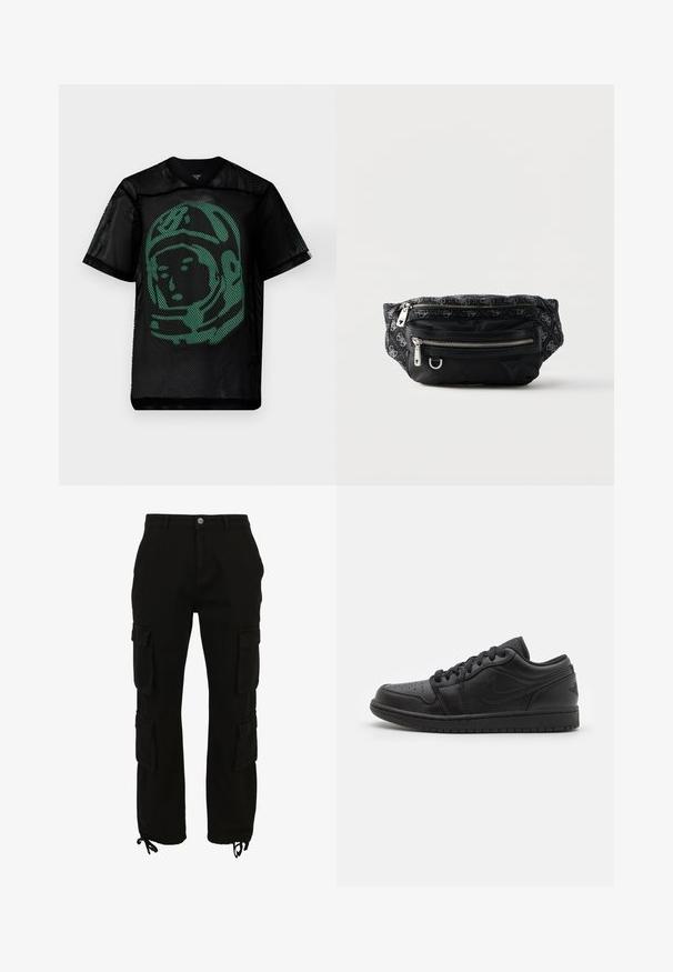 Chemise à manches courtes en mesh noir avec un graphisme vert représentant le visage d'un astronaute à l'avant. Légère avec un design en col en V.; Pantalon cargo noir en coton, doté de multiples poches latérales, d'une fermeture à boutons et d'ourlets réglables avec cordons.; Baskets basses en cuir noir avec embout perforé, lacets plats, col rembourré et semelle texturée. Dotées d'un logo discret à l'arrière.; Banane noire avec motif logo GUESS gris clair, deux poches zippées argentées et un petit patch triangulaire avec le logo GUESS.