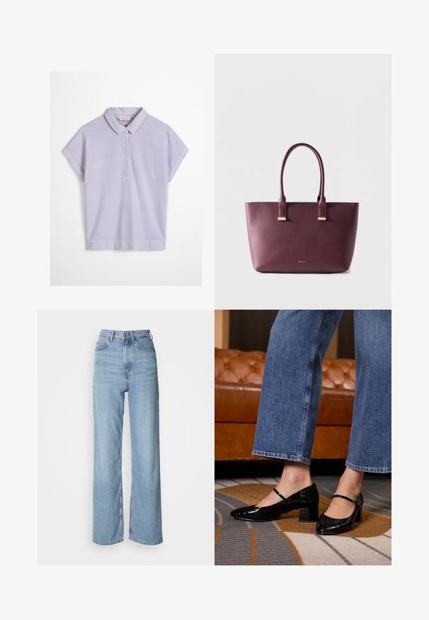 Polo à manches courtes de couleur violet clair avec un col et quatre boutons blancs sur le devant, présenté sur un fond blanc.; Jean taille haute bleu clair avec une jambe droite, en denim, présentant une fermeture à bouton sur le devant et des détails de décoloration subtils.; Des escarpins en cuir verni noir avec un bout pointu, un talon bloc et une bride à la cheville, portés avec un jean en denim à jambes larges, sur un tapis à motifs.; Sac fourre-tout en cuir violet foncé avec deux poignées et petit logo de marque doré sur le devant, posé sur un fond clair uni.