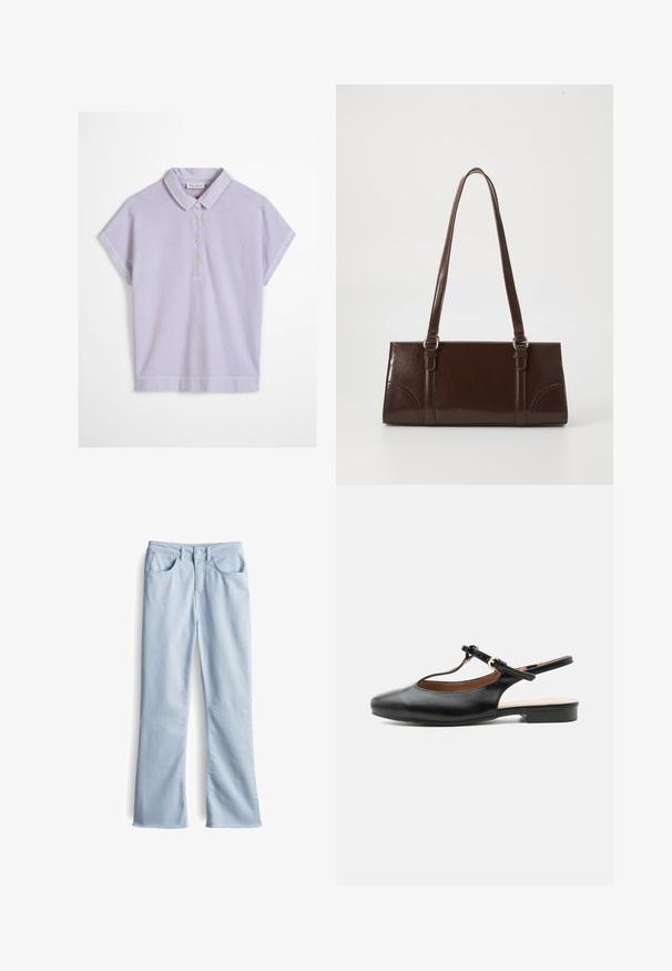Polo à manches courtes de couleur violet clair avec un col et quatre boutons blancs sur le devant, présenté sur un fond blanc.; Jean évasé bleu clair en denim doux. Comprend cinq poches, des passants de ceinture et un fermeture à bouton. Ourlet brut en bas.; Chaussure plate slingback en cuir noir avec bride en T et boucle dorée sur fond neutre.; Sac à main en cuir verni marron de forme rectangulaire, avec deux longues poignées et des accents courbés subtils à l'avant.