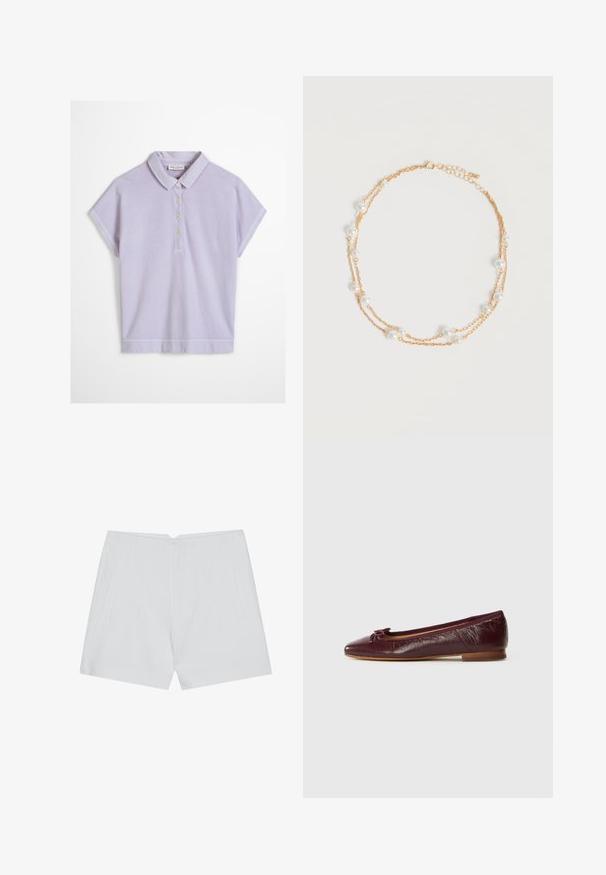 Lyse lilla kortærmet polo med krave og fire hvide knapper foran, vist på hvid baggrund.; Hvide shorts med et skræddersyet design, flad front, to sidelommer og en ren kant. Fremstillet af et glat stof uden synlige mønstre.; Bordeaux læder balletflade med spids tå, en lille sløjfe accent og en tekstureret finish. Lav træhæl.; Delikat dobbeltlags guldkæde med jævnt fordelt små hvide perler på en ensartet lys baggrund.