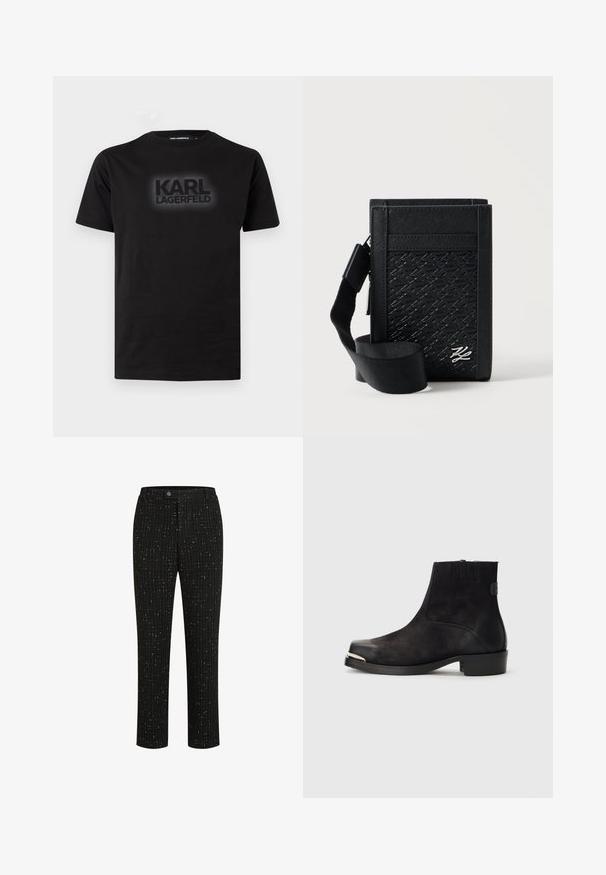 Zwarte T-shirt met korte mouwen en een ronde hals, met het logo "KARL LAGERFELD" in donkere letters centraal op de borst gedrukt.; Zwarte op maat gemaakte broek met een gestructureerd patroon van dunne verticale witte lijnen, een rechte snit en een knoopsluiting in de taille.; Zwarte enkellaars van suede en leer, met een ronde neus, kleine hak, zilverkleurig metallic accent op de neus en elastische zijpanelen.; Zwarte gestructureerde crossbodytas met verstelbare stoffen riem, geperst patroon en zilveren logo-embleem op het voorpaneel tegen een effen achtergrond.