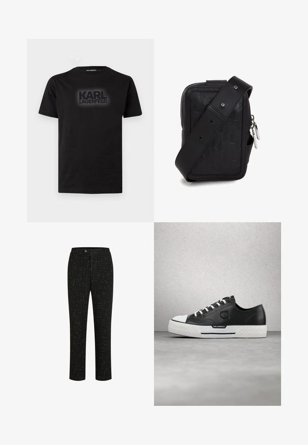 Zwarte T-shirt met korte mouwen en een ronde hals, met het logo "KARL LAGERFELD" in donkere letters centraal op de borst gedrukt.; Zwarte op maat gemaakte broek met een gestructureerd patroon van dunne verticale witte lijnen, een rechte snit en een knoopsluiting in de taille.; Zwarte leren sneaker met witte accenten, gestructureerde rubberen zool en logo. Heeft traditionele vetersluiting en een afgeronde neus met een onderscheidend ontwerp.; Zwarte leren crossbody tas met geometrisch reliëfpatroon, zilveren rits en verstelbare schouderband. Beschikt over een strakke rechthoekige vorm.