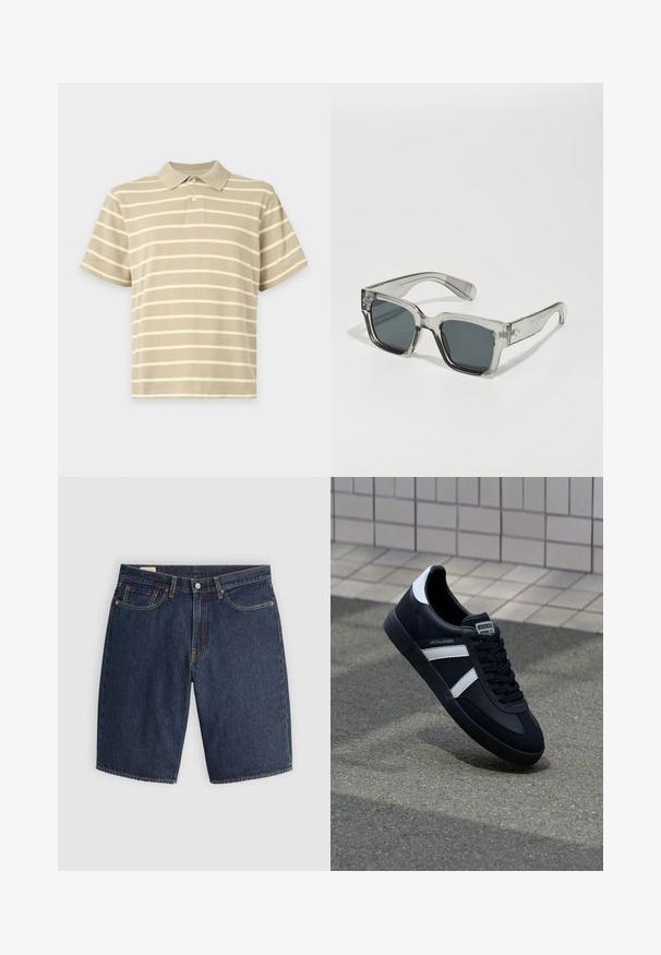 Beige polo-shirt med korte ærmer med hvide vandrette striber og to knapper på frontknap.; Mørkeblå denim shorts med et klassisk design, der har fem lommer, syninger, en knaplukning og buede baglommer.; Sort lædersneaker med hvide striber, tekstureret gummisål og snørrebånd foran. Har et brandet mærke på tungen.; Klare, oversized solbriller med mørke linser, der har en kraftig rektangulær stel og strukturerede stangsnehverv. Fremstillet af transparent kunststof.