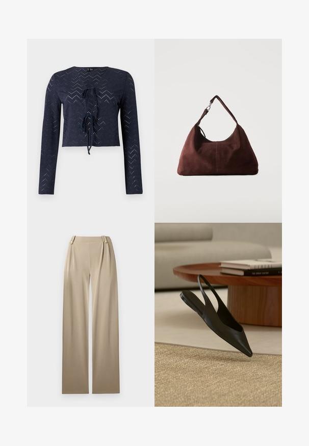 Marineblå bluse med lange ærmer med chevron-mønster med øjet-stikninger, V-udskæring og to knyttede sløjfer foran i midten.; Beige brede bukser med en glat overflade, der har to dekorative knapper i taljen og subtile plisseringer for ekstra detaljer.; Sort fladt slingback sko med spids tå nær et rundt træbord med stablede bøger på en beige tæppe i en moderne stue.; Blød brun ruskind skuldertaske med en enkelt rem og sølvfarvet metal hardware på en ensartet lys baggrund.