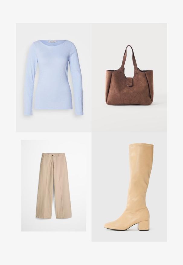Lichtblauw langpoloshirt met een ronde hals, gemaakt van zachte, textuurrijke stof, met subtiele tonale variaties en een getailleerde pasvorm.; Beige wijde pijpen broek met een voorvouw, riemlussen, knoopsluiting en een klein stoffen label aan de rechterkant van de tailleband.; Anna Field by Zalando Laarzen - beige; Bruine suède totebag met twee handvatten en een kleine voorflapsluiting op een effen lichte achtergrond.