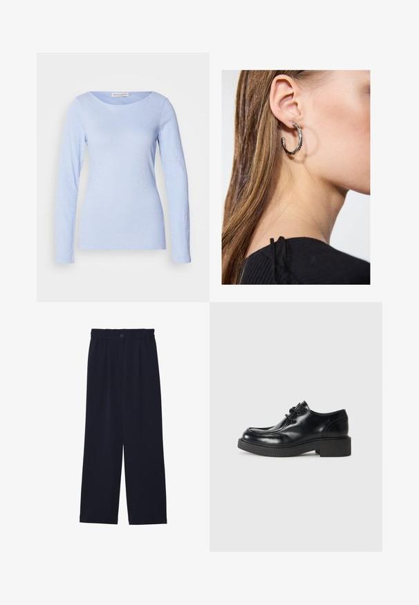 Chemise à manches longues bleu clair avec un col rond, faite d'un tissu doux et texturé, présentant de subtiles variations tonales et une coupe ajustée.; Pantalons large bleu marine avec une texture lisse, taille élastique, pli avant unique et fermeture à bouton à la taille.; Chaussure oxford en cuir noir avec un bout arrondi, un design à lacets et une semelle en caoutchouc noir épaisse. Texture lisse et détails de couture minimaux.; Boucle d'oreille en argent avec une finition polie, présentant de petits détails en or et de forme ronde, portée sur le lobe.