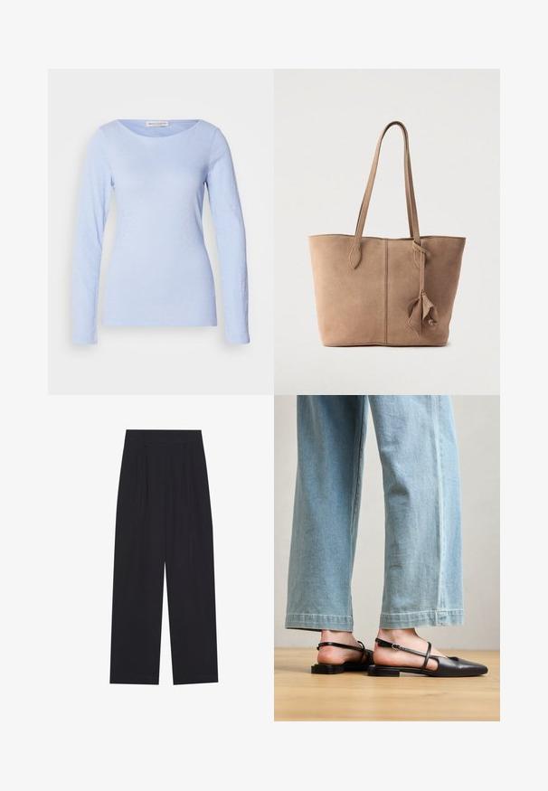 Camisa de manga larga azul claro con un escote redondo, hecha de una tela suave y texturizada, que presenta sutiles variaciones tonales y una forma ajustada.; Pantalones anchos negros de tela suave, con pliegues, cinturilla plana y sin bolsillos ni adornos visibles.; Zapatos slingback de cuero negro con punta afilada, tacón plano y tira en el tobillo; llevados con jeans de pierna ancha en azul claro.; Bolso tote de ante en beige apagado con dos correas largas, un diseño sencillo y un detalle de adorno atado en un lado. Textura suave en toda la superficie.