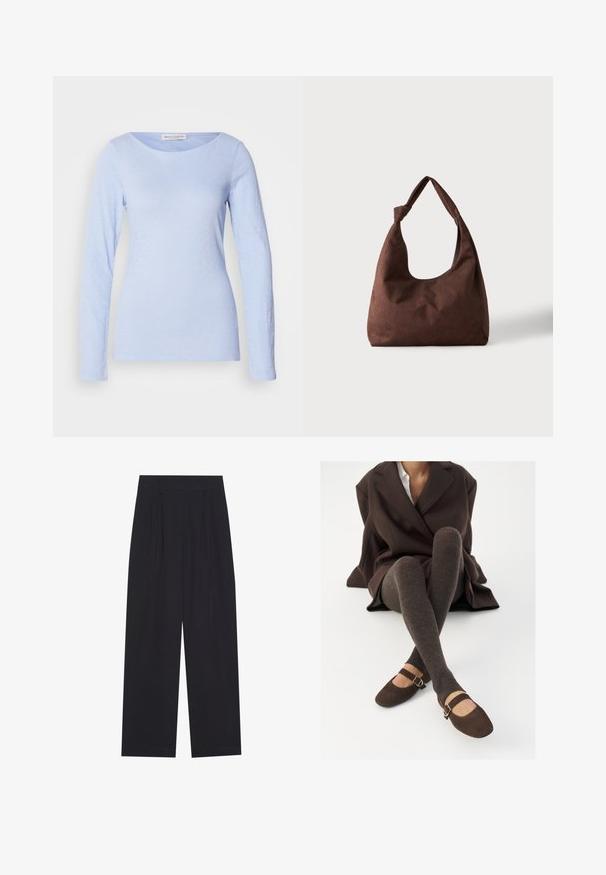 Helles blaues Langarmshirt mit rundem Halsausschnitt, aus weichem, texturiertem Stoff, mit subtilen tonalen Variationen und einer taillierten Form.; Schwarze, weit geschnittene Hosen aus einem glatten Material, mit Falten, einem flachen Bund und ohne sichtbare Taschen oder Verzierungen.; Braune gerippte Kniestrümpfe kombiniert mit braunen Wildleder-Mary-Jane-Schuhen mit einem dekorativen Riemen und einer Schnalle, getragen mit einem dunklen Mantel.; Braune strukturierte Stoffhandtasche mit einem einzelnen Griff, der zu einem Knoten gebunden ist, vor einem einfachen hellen Hintergrund dargestellt.