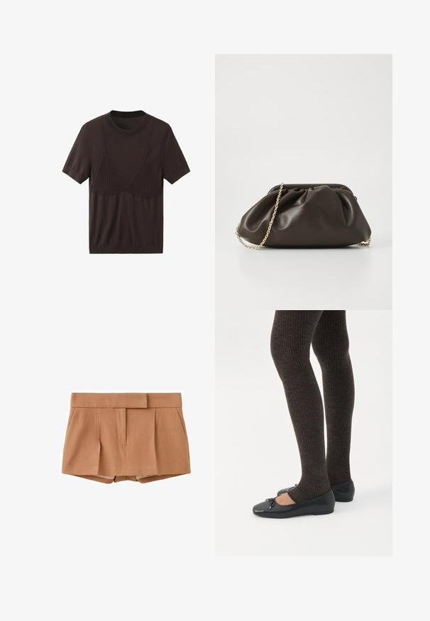 Haut en maille à manches courtes de couleur brun foncé avec un col rond et des détails côtelés texturés évoquant la forme d'un soutien-gorge sur la poitrine.; Shorts marron clair taille haute, ajustés, avec plis avant et poches latérales, dotés d'une ceinture large avec fermeture dissimulée.; Jambes portant des leggings côtelés foncés associés à des ballerines noires avec de petits détails en nœud sur fond blanc.; Sac à main en cuir marron avec un design froncé, une bandoulière en chaîne dorée et une finition douce et texturée. Sa forme compacte est idéale pour une utilisation en soirée.