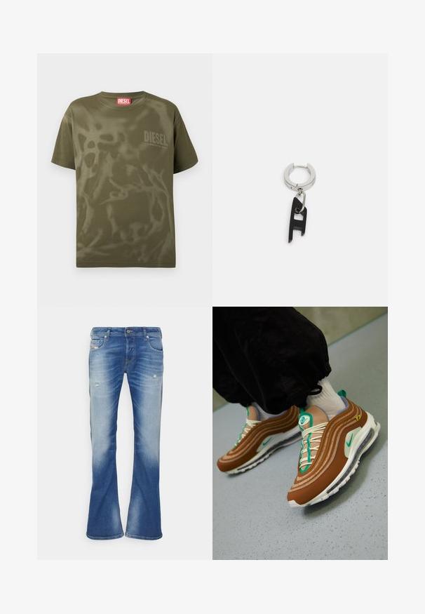 Olivengrøn bomuld t-shirt med afslappet pasform, der har et diskret abstrakt mønster og en lille "DIESEL" logo på brystet.; Blå, falmede bootcut jeans med let slid på forsiden af lårene og klassisk fem-lomme design på hvid baggrund.; Brune Nike Air Max 97 sneakers med lagdelt design, teal accenter, hvide snørebånd og en synlig air-enhed i sålen.; Diesel Øreringe - silver- coloured