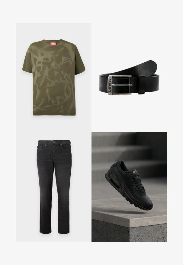 Olivgrünes Baumwoll-T-Shirt mit lockerem Schnitt, versehen mit einem dezenten abstrakten Muster und einem kleinen "DIESEL"-Logo auf der Brust.; Schwarze Denim-Jeans mit geradem Bein, ausgestattet mit fünf Taschen, einem Knopfverschluss und subtilen Nähdetails auf der Vorderseite.; Der schwarze Nike Air Max 90 Sneaker besteht aus einer Kombination von Leder- und Mesh-Materialien, hat runde Schnürsenkel und eine sichtbare Air-Einheit in der Sohle.; Schwarzer Leder-Gürtel mit einer silbernen rechteckigen Schnalle. Die Schnalle ist vorne mit dem eingeprägt "Levi's"-Logo versehen. Glatte Textur.
