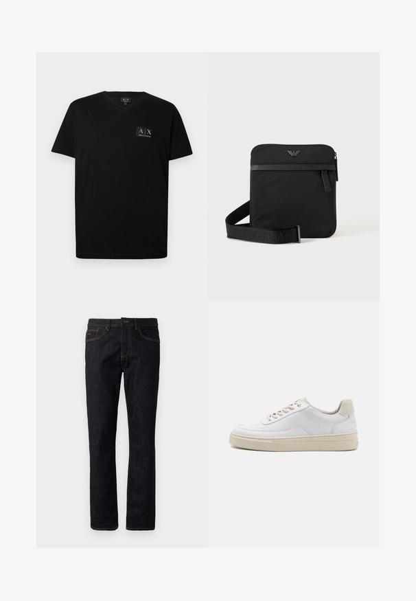 Camiseta negra de cuello en V hecha de algodón suave. Presenta un pequeño parche con logotipo acentuado en dorado en el lado izquierdo del pecho. Mangas cortas y corte relajado.; Jeans ajustados de color azul oscuro con costuras naranjas, cierre de botón y diseño de cinco bolsillos, exhibidos planos sobre un fondo blanco.; Zapatilla blanca con parte superior de cuero suave, cordones beige y un tirador de talón de ante beige texturizado. Suela elevada para mayor altura.; Bolso de hombro negro cuadrado con cierre de cremallera, bolsillo delantero y correa ajustable con nombre de marca en relieve.