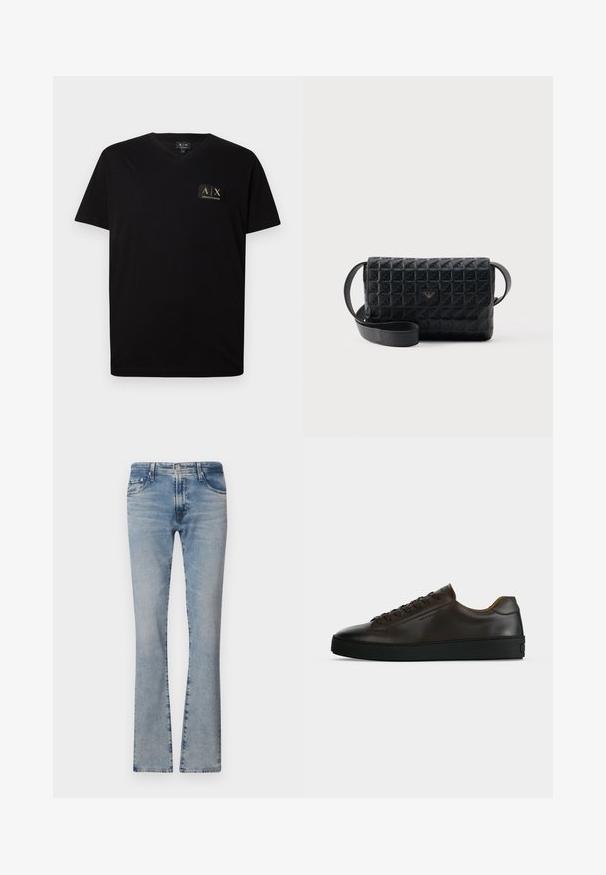Zwarte V-hals T-shirt gemaakt van zacht katoen. Beschikt over een klein logo-label met gouden accenten op de linkerkant van de borst. Korte mouwen en een relaxte pasvorm.; Lichtblauwe flared jeans van denim met een middelhoge taille, vijf zakken en een verantwoorde afwerking, voorzien van een rits en metalen knoopsluiting.; Low-profile donkerbruine leren sneaker met zwarte rubberen zool, veters aan de voorkant en een strak minimalistisch design op een lichte achtergrond.; Zwarte crossbodytas met een gestructureerd oppervlak, een klepsluiting en een klein metalen logo aan de voorkant, afgebeeld tegen een effen achtergrond.