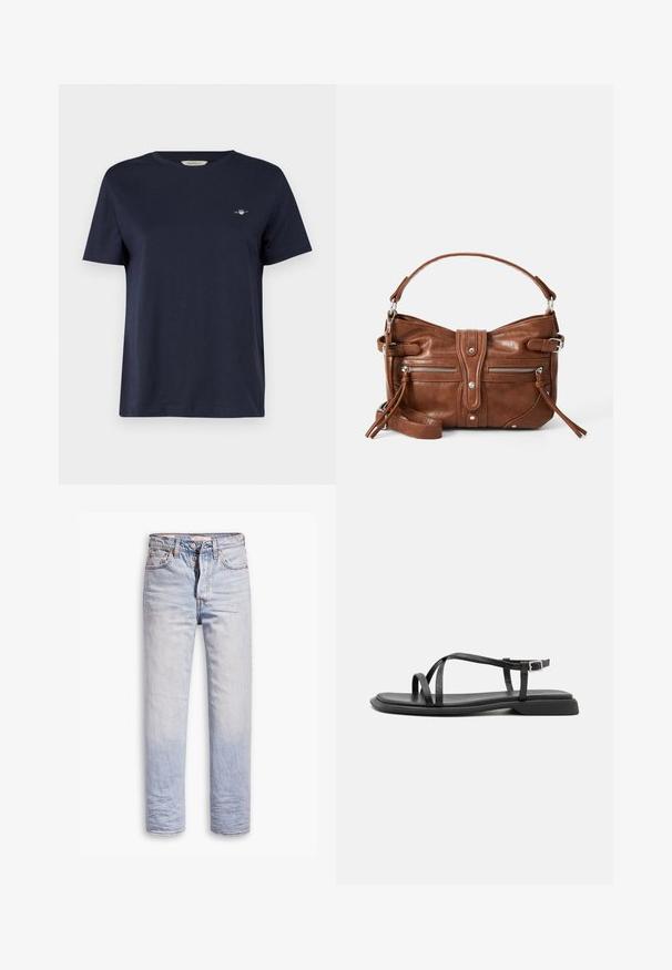 Marineblå bomulds T-shirt med korte ærmer og rund halsudskæring, med et lille broderet logo på venstre bryst. Særdeles glat tekstur.; Lyseblå denimjeans med lige ben, der har en knaplukning, fem lommer og en diskret falmning langs benene.; Sorte flade sandaler med tynde justerbare stropper, rektangulær tåpost og en struktureret mat finish. Har en lav, let firkantet hæl.; Brun læderhåndtaske med en rund form, to frontlommer med lynlås og en aftagelig skulderrem. Udstyret med hardware og syninger i sølvfarve.