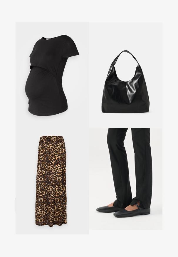 Sort graviditets T-shirt med korte ærmer, med et lagdelt frontdesign og et strækbart stof, der tilpasser sig en voksende mave.; Maxi nederdel i leopardprint lavet af blødt stof, med en bred elastisk talje i nuancer af sort og brun og et svævende design.; Ben iført sorte smalle bukser med forreste slidser ved kanten, parret med sorte flade Mary Jane-sko med lille spænde.; Sort læder hobo taske med en blød, skinnende tekstur og en rund, åben top. Har en bred, buet strop til bæring. Ingen synlig hardware.