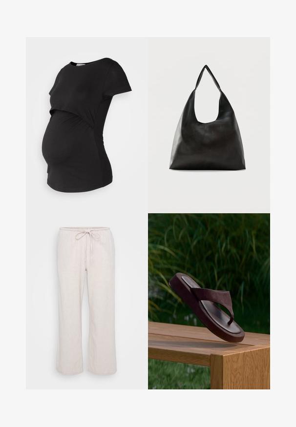 Musthave mustameega lühikeste varrukatega T-särk, millel on kihiline eesmine disain ja veniv kangas, mis kohandub kasvava kõhuga.; Heledad beežid, kerge kangaste püksid, elastse vöökoha ja kummipaelaga. Lahtine, laienev siluett koos peene tekstuuriga mustriga.; Pruun seemisnahast varbavahe-sandaal hõljumas puidust pinki kohal, taustal hägused rohelised taimed.; Mustast siledast nahast õlakott, millel on lai, üksik rihm ning pehme, minimalistlik disain ühevärvilisel taustal.