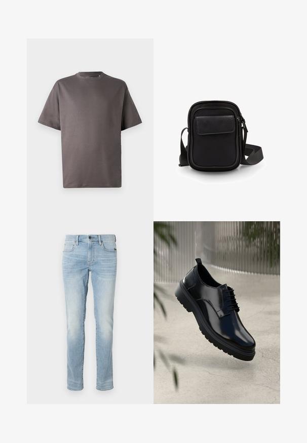 Tumehall lühikeste varrukatega T-särk ümmarguse kaelusega, valmistatud pehmest kangast, millel on mugav lõige ja pole nähtavaid mustreid ega aksessuaare.; Heledad hallid slim-fit teksad, millel on ees nupp, tõmblukk ja viie tasku kujundus, näidatud ühtlase valge tausta ees.; Must musta kingad, millel on läikiv pind, ümmargune varvas, nööridega sulgemine, kontrastõmblused ja paks kummist tald, millel on mustrimuster.; Must nahkkattega must risti kehakott, ristkülikukujuline, reguleeritava rihmaga, tõmblukuga sulgumine ja sile kangapind.