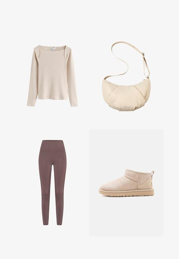 Beiges langärmeliges, geripptes Strickoberteil mit quadratischem Ausschnitt und leichtem Schulterdetail, auf weißem Hintergrund dargestellt.; Hochgeschnittene Leggings in einem gedämpften Mauve-Ton, gefertigt aus einem glatten, dehnbaren Material. Verfügt über ein nahtloses Design ohne sichtbare Hardware.; Beiger Wildleder-Stiefelette mit flacher Sohle, sichtbaren Nähten und einer Lasche hinten vor einfarbigem weißem Hintergrund.; Cremafarbene, texturierte Schultertasche mit geschwungener Form und verstellbarem Riemen, mit weichem, gepolstertem Stoff und Reißverschluss.