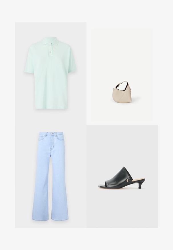 Polo shirt vert menthe clair en coton. Doté d'un col classique, de manches courtes et d'une patte de boutonnage à deux boutons. Détail logo subtil.; Jean évasé bleu clair taille haute, doté de cinq poches, d'une fermeture à bouton et d'une texture denim lisse. Les bords sont soigneusement cousus.; Mules ouverts en cuir noir avec un talon bas. Présentent une surface lisse et un accent logo doré sur le côté.; Sac à main en cuir beige en forme de croissant avec une seule bandoulière et des coutures minimalistes, posé sur un fond blanc uni.