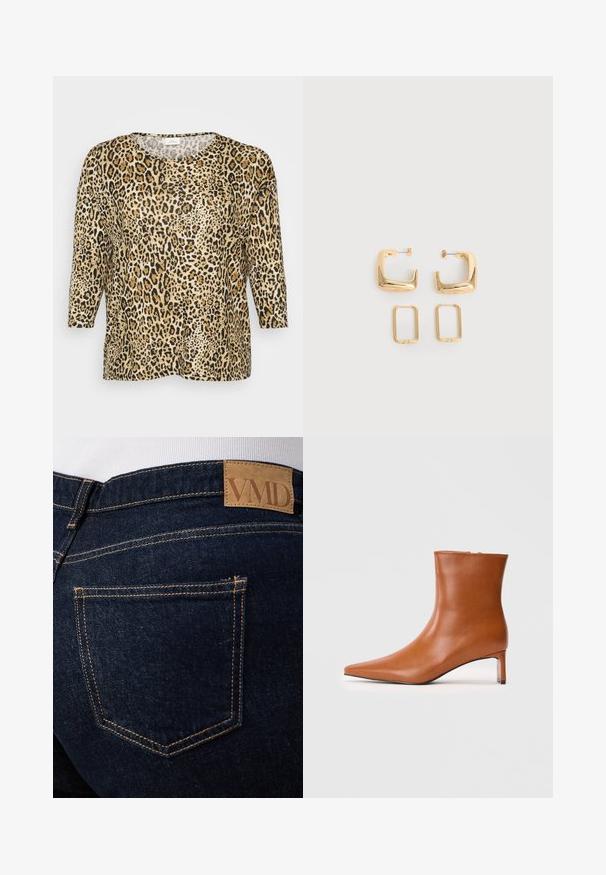 Leopardprint top med trekvartærmer, med en rund halsudskæring og en afslappet pasform, sat mod en simpel hvid baggrund.; Mørkeblå denimjeans med synlige orange syninger og en brun læderlap med mærket "VMD" over den bageste højre lomme.; Spidsede brune læder ankelstøvler med et elegant design, kort hæl, glat tekstur og minimalistisk silhuet.; To par guldfarvede geometriske hoop-øreringe på en ensfarvet hvid overflade, et par firkantede og solide, et par rektangulære og hule.