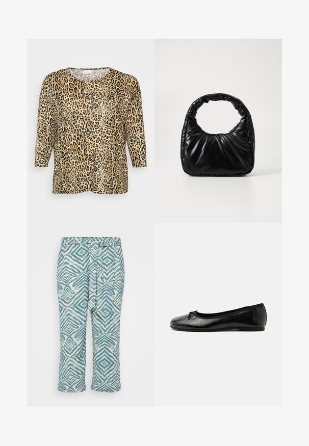 Leopardprint top med trekvartærmer, med en rund halsudskæring og en afslappet pasform, sat mod en simpel hvid baggrund.; Lette cropped bukser med et geometrisk blåt og hvidt mønster, med en bundet talje og glat tekstur.; Sort skinnende læder balletflad med lav hæl og lille dekorativ sløjfe foran, vist fra siden på ensartet lyst baggrund.; Sort polstret håndtaske med et rundt håndtag, der har en glat, skinnende overflade og en blød, kviltet tekstur. Ingen synlige hardware eller accenter.