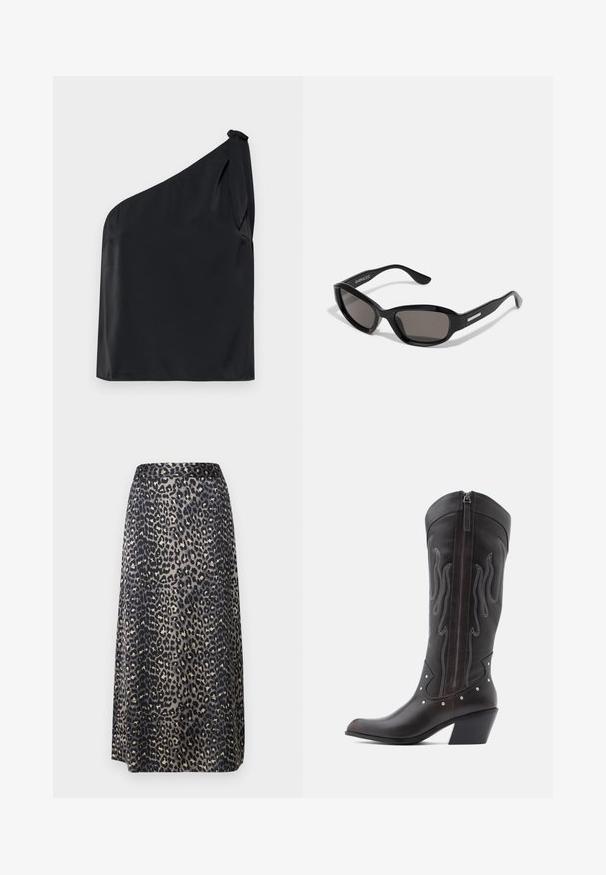 Schwarzes Top mit einem Schulterträger aus glattem Stoff, mit einem Bindedetail an der Schulter und einem lässigen Fit. Minimalistisches Design mit klaren Linien.; Ein Midikleid aus Leopardenmuster mit glattem Stoff, einer Schwarz-Beige-Farbkombination und einer geraden Silhouette mit einem Bund.; Braune Cowboy-Stiefel aus Leder mit Flammenstickerei, seitlichem Reißverschluss, silbernen Nieten, spitzer Zehenpartie und geschichtetem Absatz.; Schwarze Sonnenbrille mit rechteckigem Rahmen, dunklen Gläsern, glattem Kunststoffmaterial und einem metallischen Akzent am Bügel.