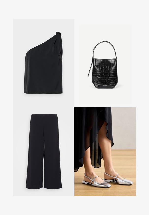 Top negro de un solo hombro hecho de una tela suave, con un detalle de lazo en el hombro y un corte relajado. Diseño minimalista con líneas limpias.; Pantalones anchos negros hechos de una tela suave, con una cinturilla alta y una silueta fluida, con un diseño limpio y sin adornos.; Zapatos planos metálicos plateados con diseño de punta cuadrada, tira trasera y acentos recortados. Textura suave sobre un suelo de madera.; Bolso tipo saco de piel negra con relieve de cocodrilo, con una sola correa para el hombro y un pequeño logo de la marca en plata en el centro inferior frontal.
