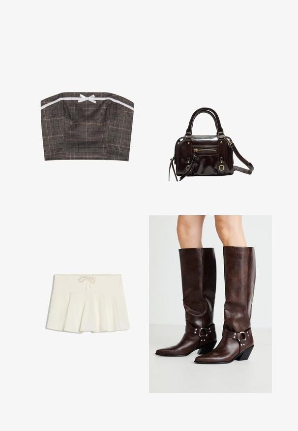 Haut bandeau en tissu à carreaux noir et beige avec un accent en ruban blanc. Design structuré avec un décolleté droit et une texture froncée.; Mini-jupe plissée blanche avec une taille à cordon et un tissu doux et structuré, posée à plat sur un fond blanc.; RAID NEVIS - Bottes de cowboy / motard - brown; Sac à main en cuir verni marron avec double poignées, bandoulière amovible, poche zippée à l'avant et accents en métal doré.