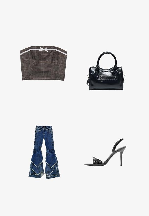 Haut bandeau en tissu à carreaux noir et beige avec un accent en ruban blanc. Design structuré avec un décolleté droit et une texture froncée.; Jean en denim bleu à pattes d'éléphant avec une conception de volants superposés, présentant des détails lacés noirs sur les côtés et des bords effilochés.; Sandale noire en cuir verni à talon haut avec talon aiguille fin, bout ouvert et fine bride sur le dessus du pied et autour de la cheville.; Sac à main en cuir noir brillant avec deux poignées, poche avant zippée et bandoulière amovible sur fond blanc.