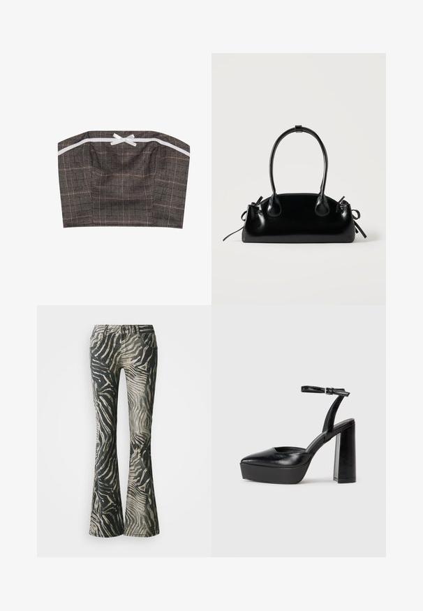 Bandeau-top in zwart en beige geruite stof met een witte lintaccent. Gestructureerd ontwerp met een rechte halslijn en een geplooide textuur.; Flared jeans in een zwart en beige zebra patroon, gemaakt van denim, met een vijf-vakken ontwerp en duidelijke stiksels.; Zwarte plateauhakken met een puntige neus en verstelbare enkelband. Gemaakt van soepel leer, met een robuuste blokhak.; Kleine zwarte glanzende handtas met twee lange hengsels en zijkant trekkoord details op een effen lichte achtergrond.