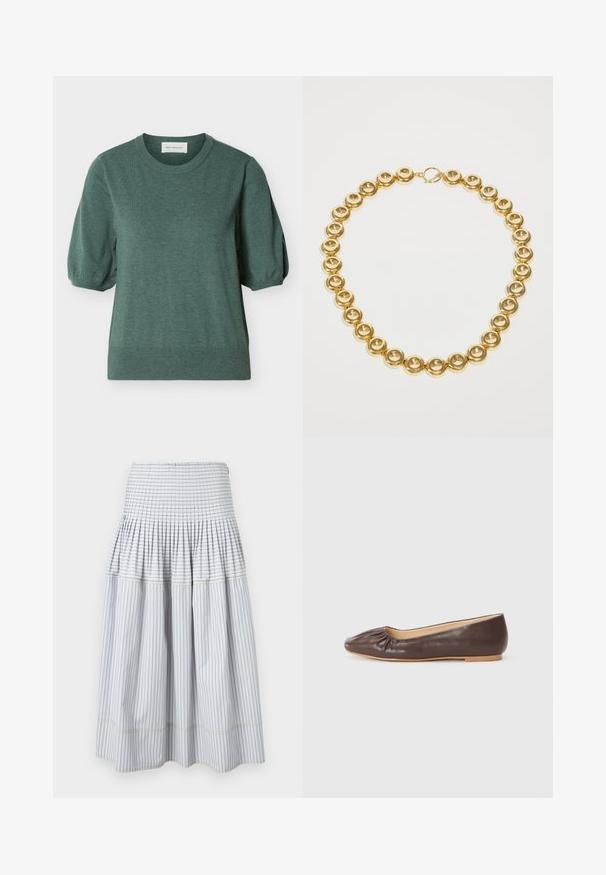 Pull vert à manches courtes en maille avec encolure ronde et manches légèrement bouffantes, fabriqué en tissu doux.; Jupe midi blanche avec fines rayures noires verticales et horizontales, présentant un milieu froncé et une partie inférieure évasée.; Ballerine en cuir marron avec un bout arrondi, des détails froncés à l'avant et une semelle plate de couleur claire.; Collier doré avec des perles rondes en forme de dôme reliées de manière uniforme, présentant un fermoir à bascule circulaire sur un fond blanc.