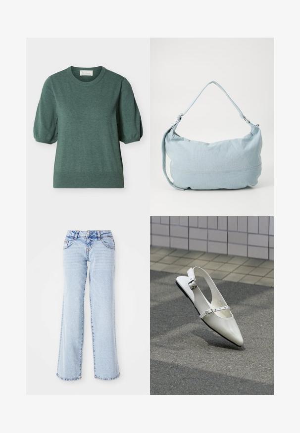 Grøn kortærmet striktrøje med rund halsudskæring og let puffede ærmer, lavet af blødt stof.; Lyseblå denimjeans med en afslappet pasform, lige ben og subtilt slid. Har fem lommer og bæltestropper. Distressed kantdetalje.; Hvid spids slingback flad sko med to sølvspænder, vist udendørs på tekstureret underlag og flisebelagt væg baggrund.; Lysblå denim skuldertaske i en rund form, justerbar rem og diskret syning langs den nederste kant. Blød tekstur.