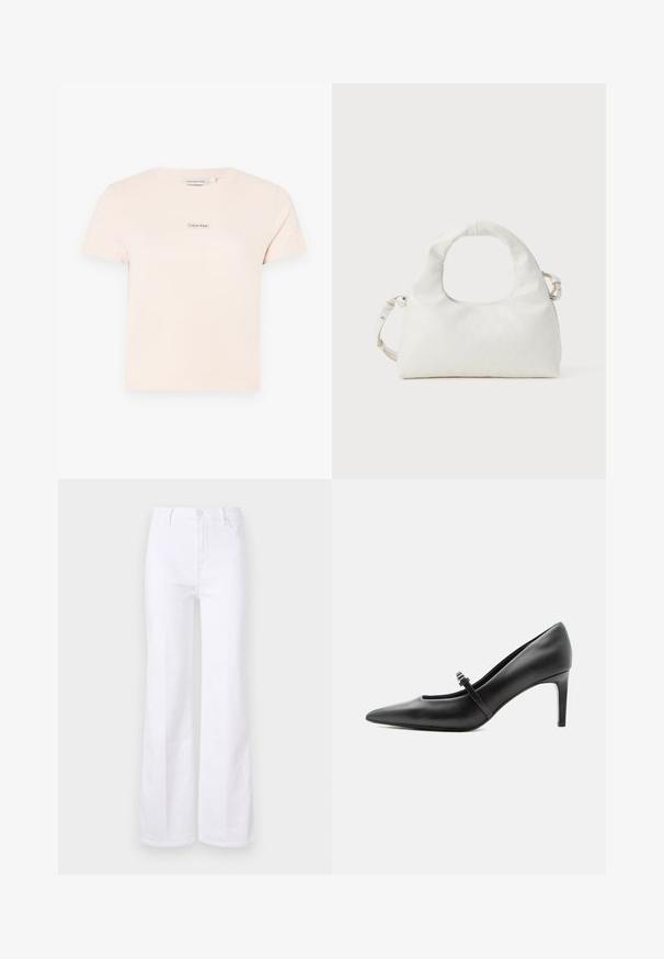 Lys pink bomulds t-shirt med korte ærmer og rund halsudskæring. Har et lille Calvin Klein-logo på brystområdet.; Hvide flared jeans lavet af denim, med høj talje, forlommer og knaplukning. Glat tekstur og rene linjer.; Sort læderspids højhælede sko med tynd rem og spænde over vristen, stående på en neutral lys baggrund.; Hvid håndtaske lavet af tekstureret syntetisk materiale, med et buet håndtag, geometrisk mønster og aftagelig skulderrem med metal detaljer.