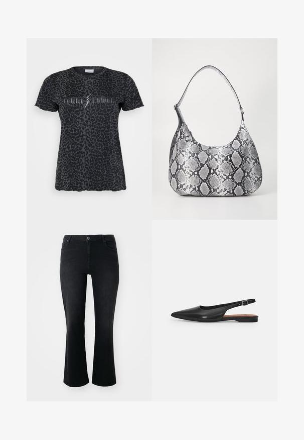 ONLY Carmakoma CARMIKO WASHED SS REG TEE JRS - T-Shirt print - phantom; Schwarze Denim-Jeans mit mittelhohem Bund, vorderem Knopf, zwei Vorder- und zwei Hintertaschen sowie weiter Schnitt.; Schwarzer Leder Slingback-Schuh mit spitzer Zehenform, subtiler Glanz und verstellbarem Knöchelriemen. Flacher Absatz mit einer braunen Innensohle.; Schultertasche im schwarz-weißen Schlangenprint mit runder Form, glatter Textur und gebogenem Tragegurt. Mit einem silbernen Hardware-Akzent.