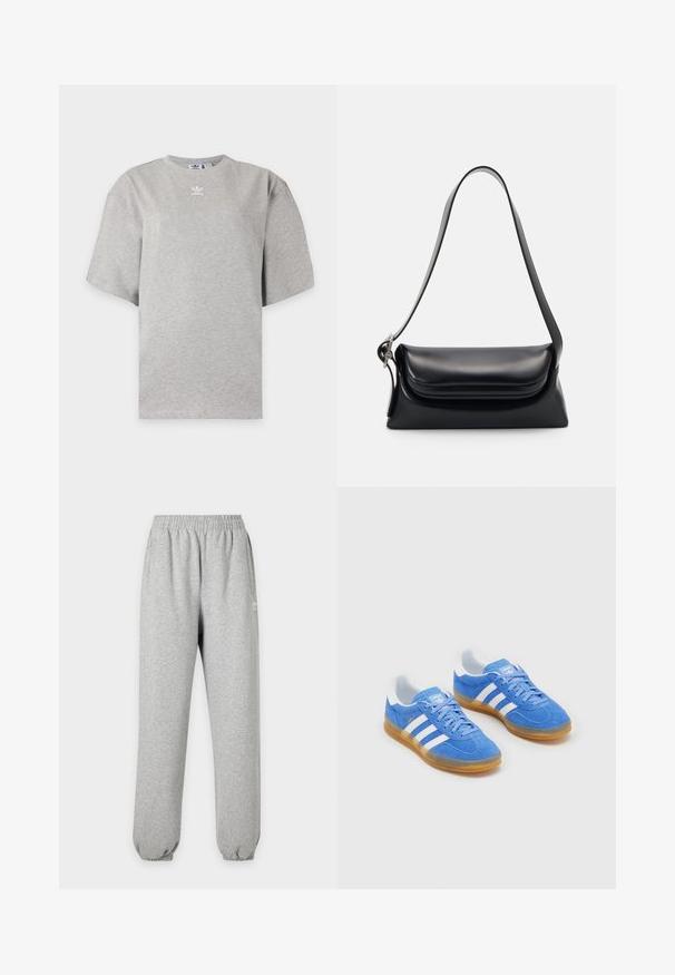 Svetlosivé tričko Adidas s krátkym rukávom, okrúhlym výstrihom a malým bielym logom Adidas na hrudi, zobrazené na jednoduchom pozadí.; Svetlosivé tepláky s elastickým pásom a manžetami, bočnými vreckami a malým bielym logom na hornej časti stehna.; Modré semišové športové topánky s bielymi pruhmi, gumovou podrážkou a polstrovaným golierom pre pohodlie. Majú klasický dizajn na šnurovanie.; Čierna kožená kabelka so štruktúrovaným tvarom, hladkou textúrou a jedným ramenným popruhom. Obsahuje jemný, zaoblený dizajn klapky.