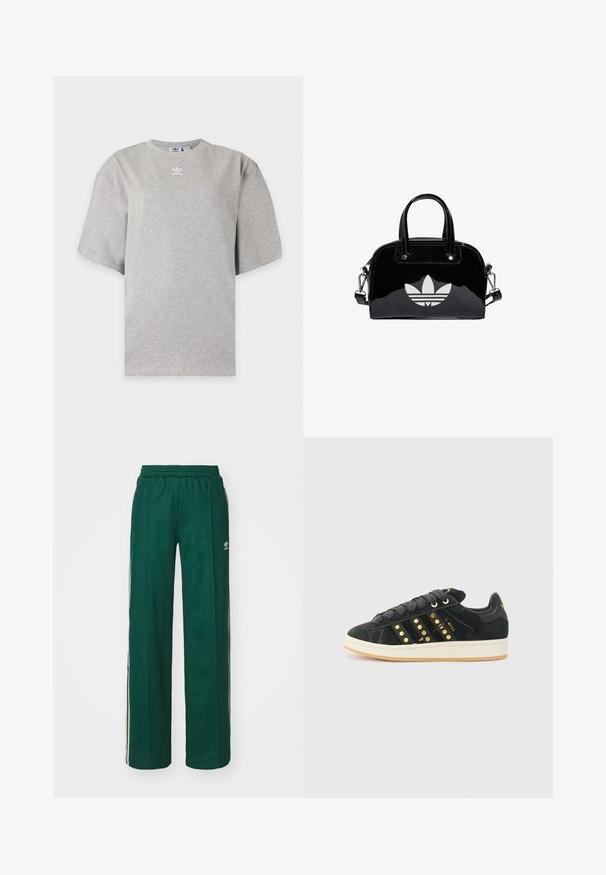 Lysegrå Adidas T-shirt med korte ærmer, rund hals og lille hvid Adidas-logo på brystet, vist på en ensfarvet baggrund.; Mørkegrønne træningsbukser med en afslappet pasform, der har snor i taljen, sidelommer og cremefarvede striber langs siderne.; adidas Originals CAMPUS 00S W - Sneakers - core black/carbon/gold-coloured; Sort patentlæder håndtaske med rund form, to top-håndtag, sølvdetaljer og en fremtrædende hvid logo på fronten.