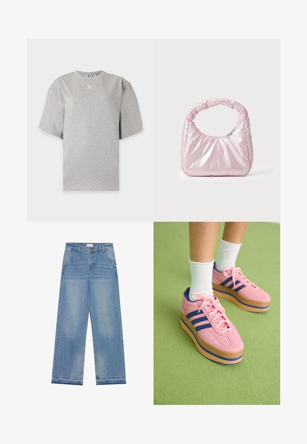 Svetlosivé tričko Adidas s krátkym rukávom, okrúhlym výstrihom a malým bielym logom Adidas na hrudi, zobrazené na jednoduchom pozadí.; Svetlo modré vysoké nohavice s rozšírenými nohavicami, s gombíkovým uzáverom, prednými vreckami, pútkami na opasok a jemným vyblednutím.; Ružové semišové platformové tenisky s modrými pruhmi a ružovými šnúrkami. Tlustá béžová podrážka s modrým akcentom. Nosí sa s bielymi členkovými ponožkami na zelenej ploche.; Ružová, polstrovaná kabelka s oblehnutým dizajnom, vyrobená z lesklého materiálu. Obsahuje naťahovanú rukoväť a zipsové uzatvorenie pre bezpečný prístup.