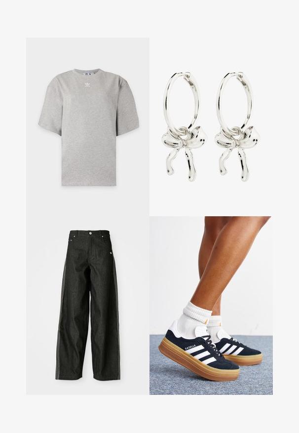 Hellgraues Adidas T-Shirt mit kurzen Ärmeln, Rundhalsausschnitt und kleinem weißen Adidas-Logo auf der Brust, auf schlichtem Hintergrund dargestellt.; Schwarze Denim-weit geschnittene Hose mit weißen Seitestreifen, vorne mit Taschen, einem Knopfverschluss und einem dezenten Logo in der Nähe des Bundes.; Beine mit weißen Socken und schwarzen Adidas Gazelle Sneakers mit weißen Streifen und dicken braunen Sohlen auf einem grauen Teppichboden.; Silberne Creolen mit einem Bogen-Detail in der Mitte, die eine polierte Oberfläche und eine glatte Textur präsentieren.