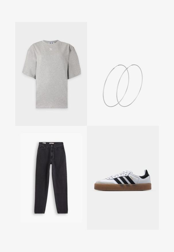 Hellgraues Adidas T-Shirt mit kurzen Ärmeln, Rundhalsausschnitt und kleinem weißen Adidas-Logo auf der Brust, auf schlichtem Hintergrund dargestellt.; Schwarze Denim-Jeans mit geradem Bein, ausgestattet mit fünf Taschen, vorderer Knopfleiste und genähten Details entlang der Nähte.; Weiße Leder Sneakers mit schwarzen Streifen, Gummigummi-Außensohle, runder Zehenform, Schnürverschluss und weichem grauem Wildleder-Zehenkappe.; Silberne Creolen mit minimalistischem Design. Rundform, glatte Oberfläche und dünnes Profil. Leichtgewichtig mit hochglänzender Oberfläche.