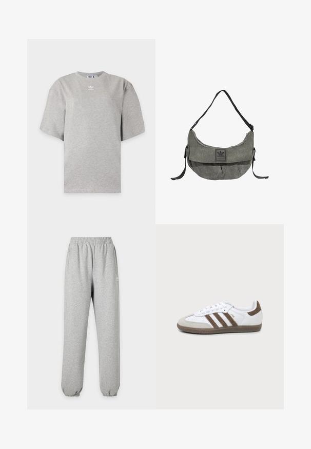 Lichtgrijs Adidas T-shirt met korte mouwen, ronde hals en klein wit Adidas-logo op de borst, weergegeven op een effen achtergrond.; Lichtgrijze joggingbroek met elastische tailleband en boorden, zijzakken en een klein wit logo op het bovenbeen.; Witte en bruine Adidas Samba sneaker met drie bruine strepen, veters en een textuurs van boven- tot zool, getoond vanaf de zijkant op een effen achtergrond.; Grijze Adidas schoudertas van stof met zwarte verstelbare riem en een voorflap met Adidas-logo.
