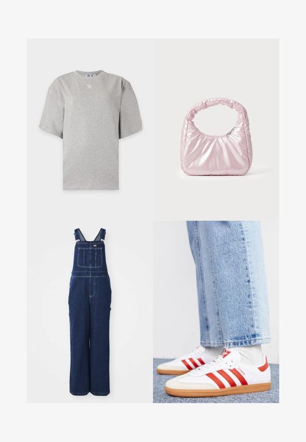 Lysegrå Adidas T-shirt med korte ærmer, rund hals og lille hvid Adidas-logo på brystet, vist på en ensfarvet baggrund.; Denim overalls i mørkeblå, med justerbare stropper, brystlomme, sidelommer og en løs, bred benpasform. Klassiske syninger.; Hvide lædersneakers med røde striber og accenter. Har en tekstureret gummisål og polstret krave. Bæres med lyseblå denim.; Rosa, polstret håndtaske med afrundet design, lavet af skinnende materiale. Har et samlet håndtag og en lynlås til sikker adgang.