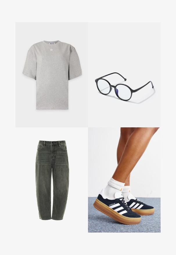 Svetlosivé tričko Adidas s krátkym rukávom, okrúhlym výstrihom a malým bielym logom Adidas na hrudi, zobrazené na jednoduchom pozadí.; Tmavo šedé džíny z denimu s voľným strihom, obsahujúce päť vreciek, zapínanie na gombík a jemné vyblednutie na prednej a zadnej časti.; Nohy v bielych ponožkách a čiernych teniskách Adidas Gazelle s bielymi pruhmi a hrubými hnedými podrážkami na sivom koberci.; Kruhové čierne okuliare s tenkými rámčekmi, čírymi šošovkami a jemným purpurovým odtieňom na jednej strane; elegantný dizajn s lesklým povrchom.