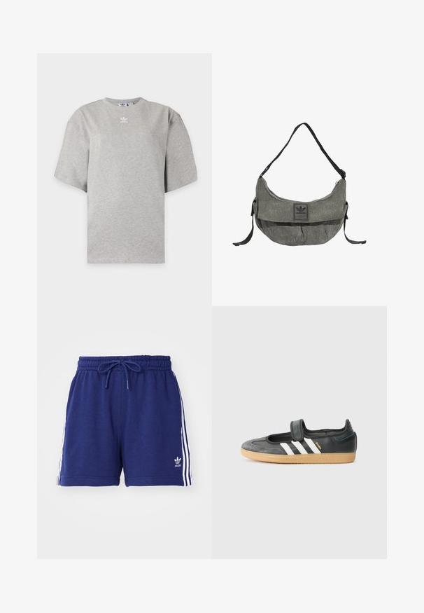 Lysegrå Adidas T-shirt med korte ærmer, rund hals og lille hvid Adidas-logo på brystet, vist på en ensfarvet baggrund.; Mørkeblå træningsshorts med snøre i taljen, præget af hvide sidelister og et broderet logo nederst til venstre. Blødt stof.; Sort læder- og ruskinds sneakers med en Velcro-rem, der har tre hvide striber og en gummisål, mærket "SAMBA" på siden.; Grå stof Adidas skuldertaske med sort justerbar rem og frontklap med Adidas-logo.