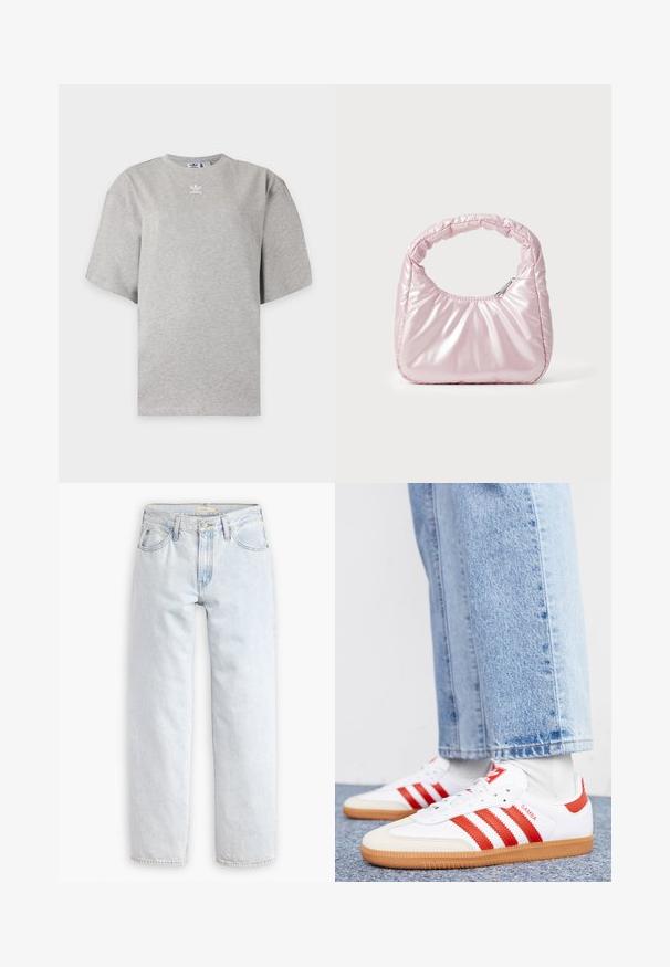 Svetlosivé tričko Adidas s krátkym rukávom, okrúhlym výstrihom a malým bielym logom Adidas na hrudi, zobrazené na jednoduchom pozadí.; Svetlomodré džíny s rovnými nohavicami a vysokým pásom, obsahujúce päť vreciek, predné zapínanie na gombík a viditeľné švy.; Biele kožené tenisky s červenými pruhmi a akcentmi. Majú štruktúrovanú gumovú podrážku a polstrovaný golier. Nosené s svetlomodrými džínsami.; Ružová, polstrovaná kabelka s oblehnutým dizajnom, vyrobená z lesklého materiálu. Obsahuje naťahovanú rukoväť a zipsové uzatvorenie pre bezpečný prístup.