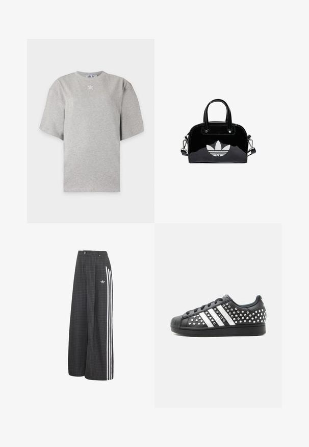 Vaaleanharmaa Adidas lyhythihainen t-paita pyöreällä kaula-aukolla ja pienellä valkoisella Adidas-logolla rinnassa, esitetty yksivärisellä taustalla.; Mustat leveälahkeiset housut, joissa pieni valkoinen ruutukuosi, valkoiset sivuraidat, nappi- ja vetoketjusuljin sekä Adidas-logo vasemmassa lantiolla.; Mustat matalat kenkää, joissa valkoiset raidat, mustat nauhat, kuminen kärki ja hopeiset niitit peittävät päällisen ja kantapään alueen.; Pieni musta kiiltävä käsilaukku, jossa on kaksi kahvaa, irrotettava olkahihna ja valkoinen Adidas trefoil -logo edessä.