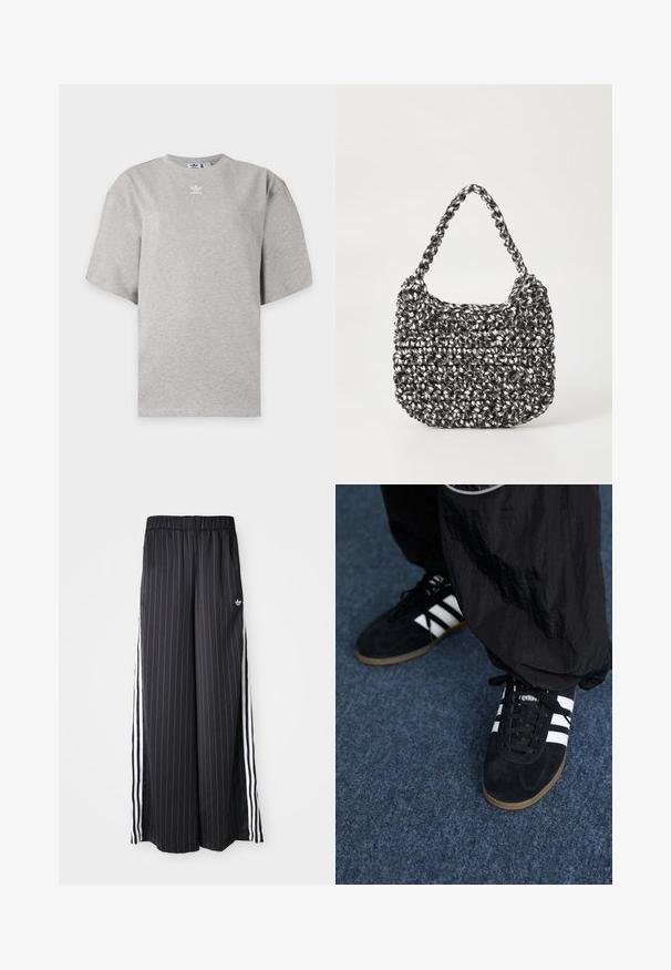 Hellgraues Adidas T-Shirt mit kurzen Ärmeln, Rundhalsausschnitt und kleinem weißen Adidas-Logo auf der Brust, auf schlichtem Hintergrund dargestellt.; Schwarzfarbene, weit geschnittene Hosen mit vertikalen weißen Streifen, elastischem Bund und drei weißen Streifen an der Seite. Adidas-Logo auf der Vorderseite.; Schwarze Wildleder-Sportschuhe mit drei weißen Streifen und schwarzen Schnürsenkeln. Eine strukturierte schwarze Hose ist teilweise neben den Schuhen sichtbar.; Gewebte Handtasche in Schwarz und Weiß mit runder Form, strukturiertem Oberflächenfinish und geflochtener Grifffläche. Geeignet für den lässigen Gebrauch.