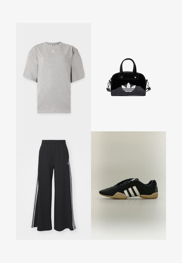Lichtgrijs Adidas T-shirt met korte mouwen, ronde hals en klein wit Adidas-logo op de borst, weergegeven op een effen achtergrond.; Zwarte broek met wijde pijpen en een elastische tailleband, met drie witte strepen langs de buitenkant en een klein logo aan de voorkant.; Zwart sportief schoen met witte strepen en beige getextureerde zool op een neutrale achtergrond, weergegeven in zijprofiel.; Zwarte gepatenteerde leren handtas met een afgeronde vorm, dubbele handvaten bovenaan, zilveren accenten en een opvallend wit logo aan de voorkant.