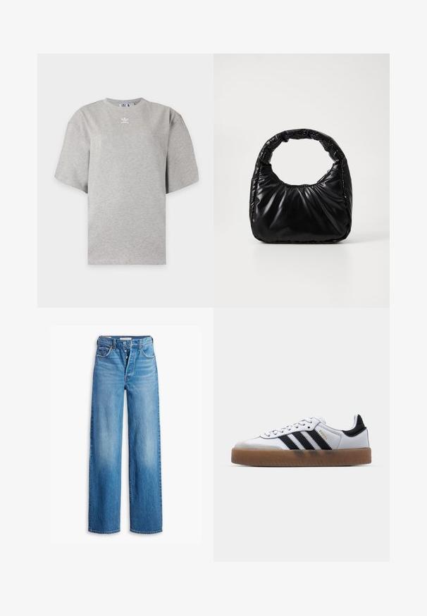 Lichtgrijs Adidas T-shirt met korte mouwen, ronde hals en klein wit Adidas-logo op de borst, weergegeven op een effen achtergrond.; Blauwe spijkerbroek met een hoge taille, wijde pijpen en vijf-pocketstijl. Voorzien van een knopenfly en een vervaagde afwerking.; Witte leren sneakers met zwarte strepen, gumrubberen buitenzool, ronde neus, vetersluiting en een zachte grijze suède neuskap.; Zwarte gevoerde handtas met een ronde handgreep, met een gladde, glanzende oppervlakte en een zachte, gewatteerde textuur. Geen zichtbare metalen onderdelen of accenten.